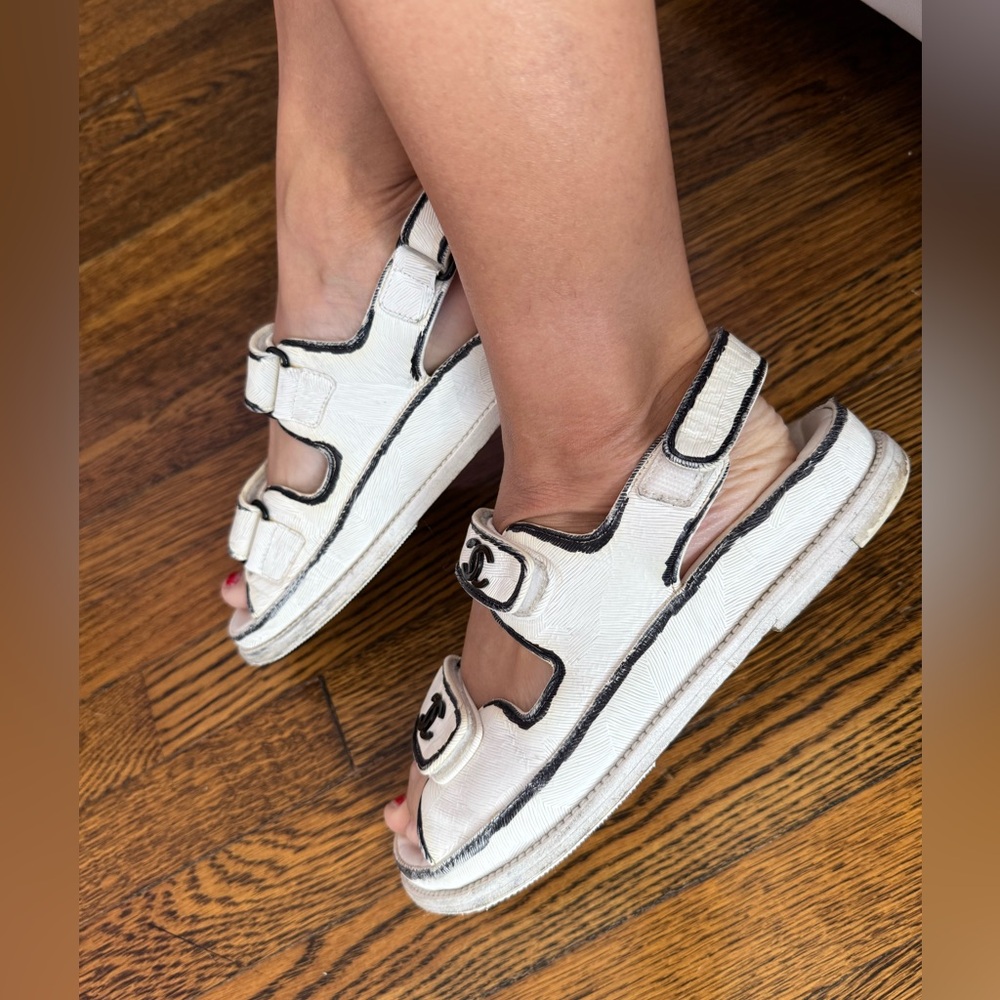 Chanel White Dad Sandals with Black Trim - Picture 4 of 14